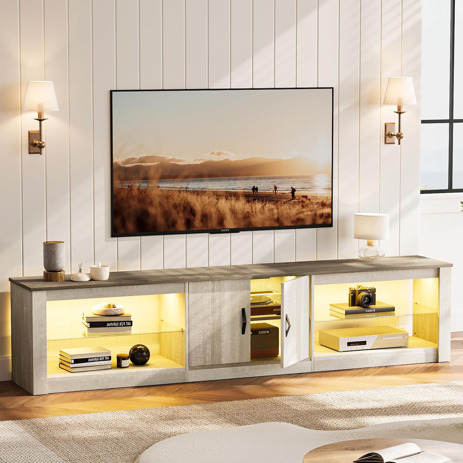 Gaming Console Entertainment Center - ขาตั้งทีวีขนาด 80 นิ้วสำหรับทีวีขนาด 75-86 นิ้ว ตู้เก็บของสำหรับเล่นเกม