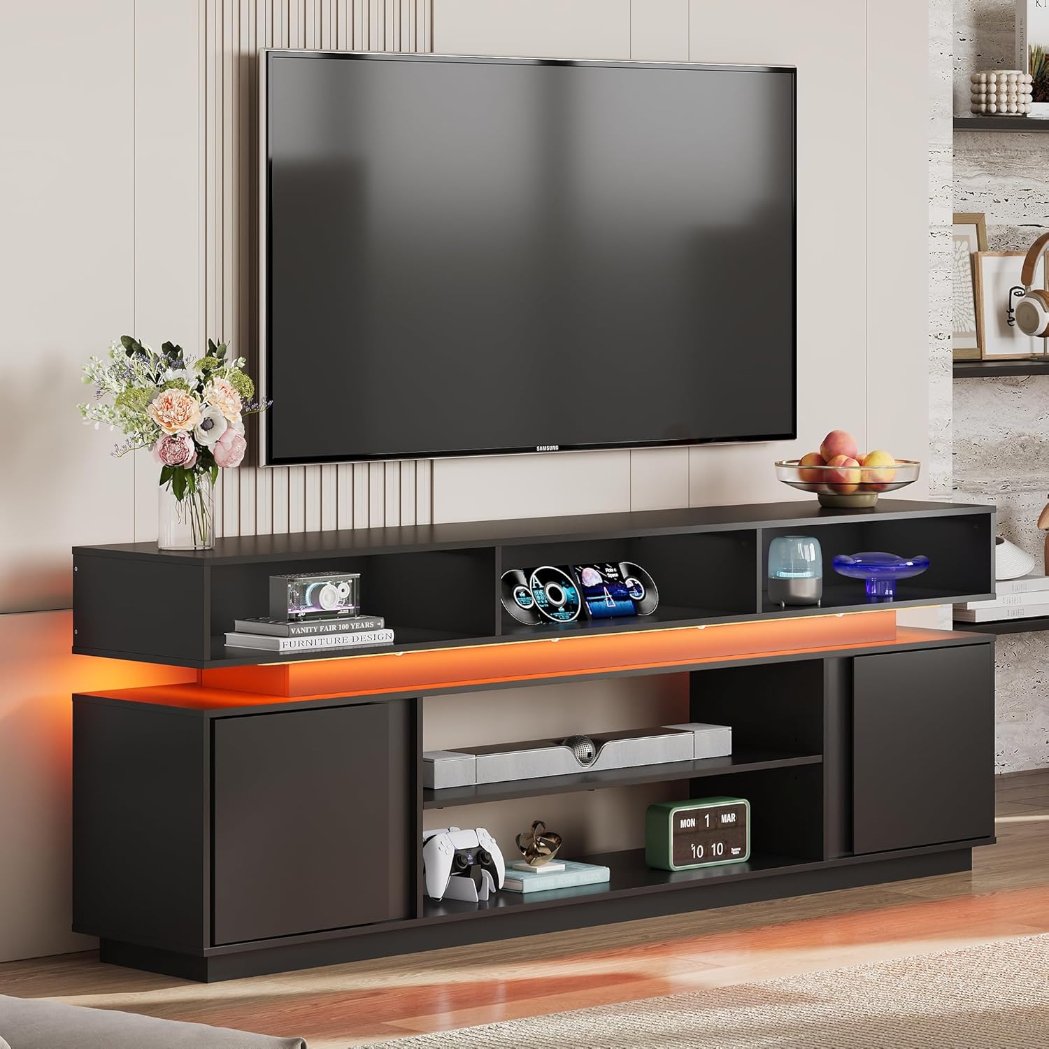 Gaming Console Entertainment Center - ชั้นวางทีวีทันสมัยขนาด 75 นิ้ว พร้อมไฟ LED RGB