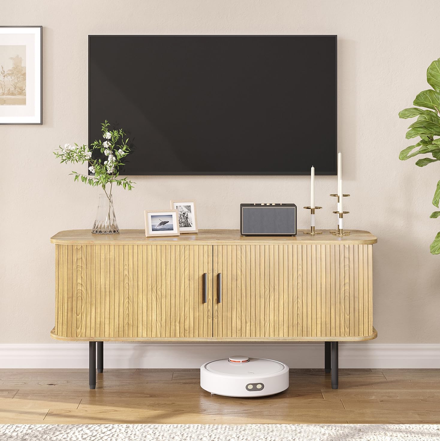 Gaming Console Entertainment Center - ตู้วางทีวีลายไม้ธรรมชาติสำหรับทีวีขนาด 60 นิ้ว พร้อมตู้เก็บของบานเลื่อนแบบ Tambour สำหรับศูนย์รวมความบันเทิงและเกม