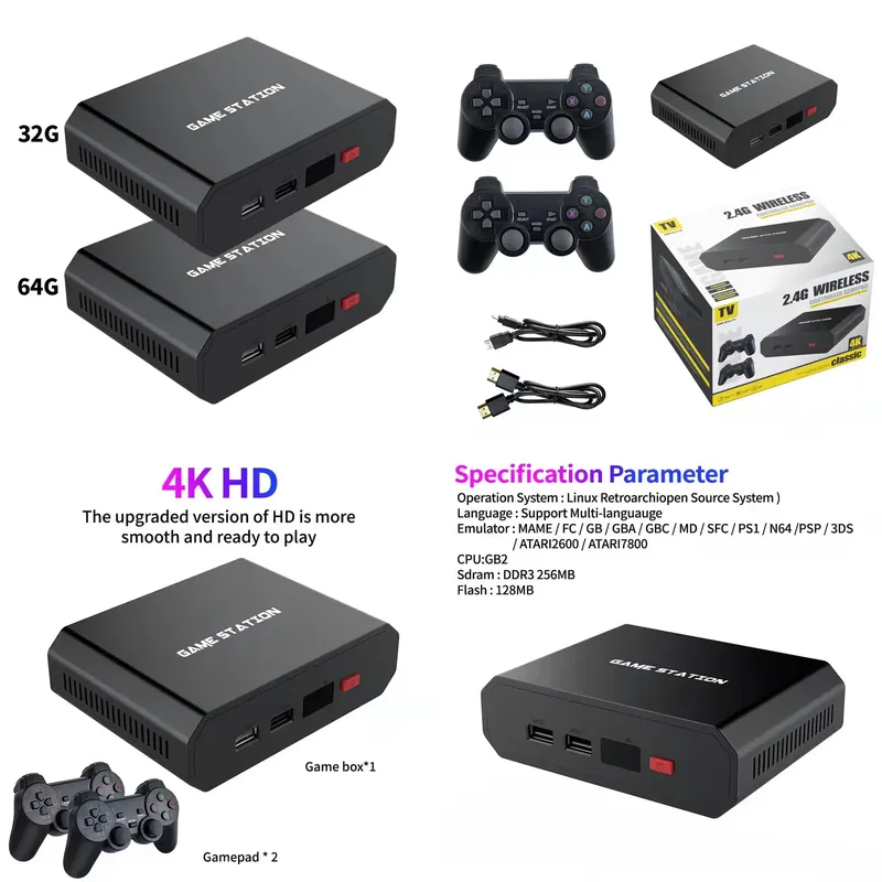 Gaming Console With Games - เครื่องเล่นวิดีโอเกม M8plus HD พร้อมกล่องคอนโซล คอนโทรลเลอร์ไร้สายคู่ 2.4G