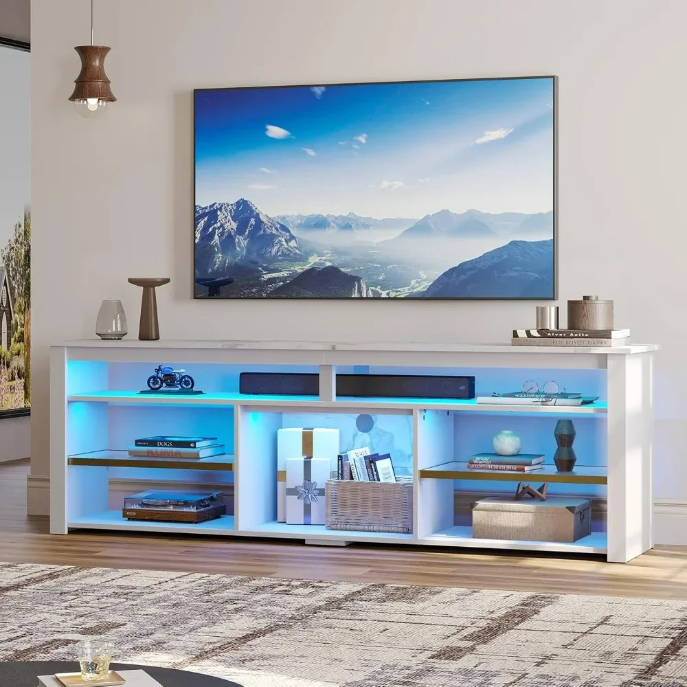 Gaming Console Entertainment Center - ขาตั้งทีวีสำหรับทีวีขนาด 75 นิ้ว, ตู้วางทีวีทรงสูงพร้อมชั้นวางปรับระดับได้, ตู้วางเครื่องเล่นเกมพร้อมพื้นที่จัดเก็บแบบมินิมอล