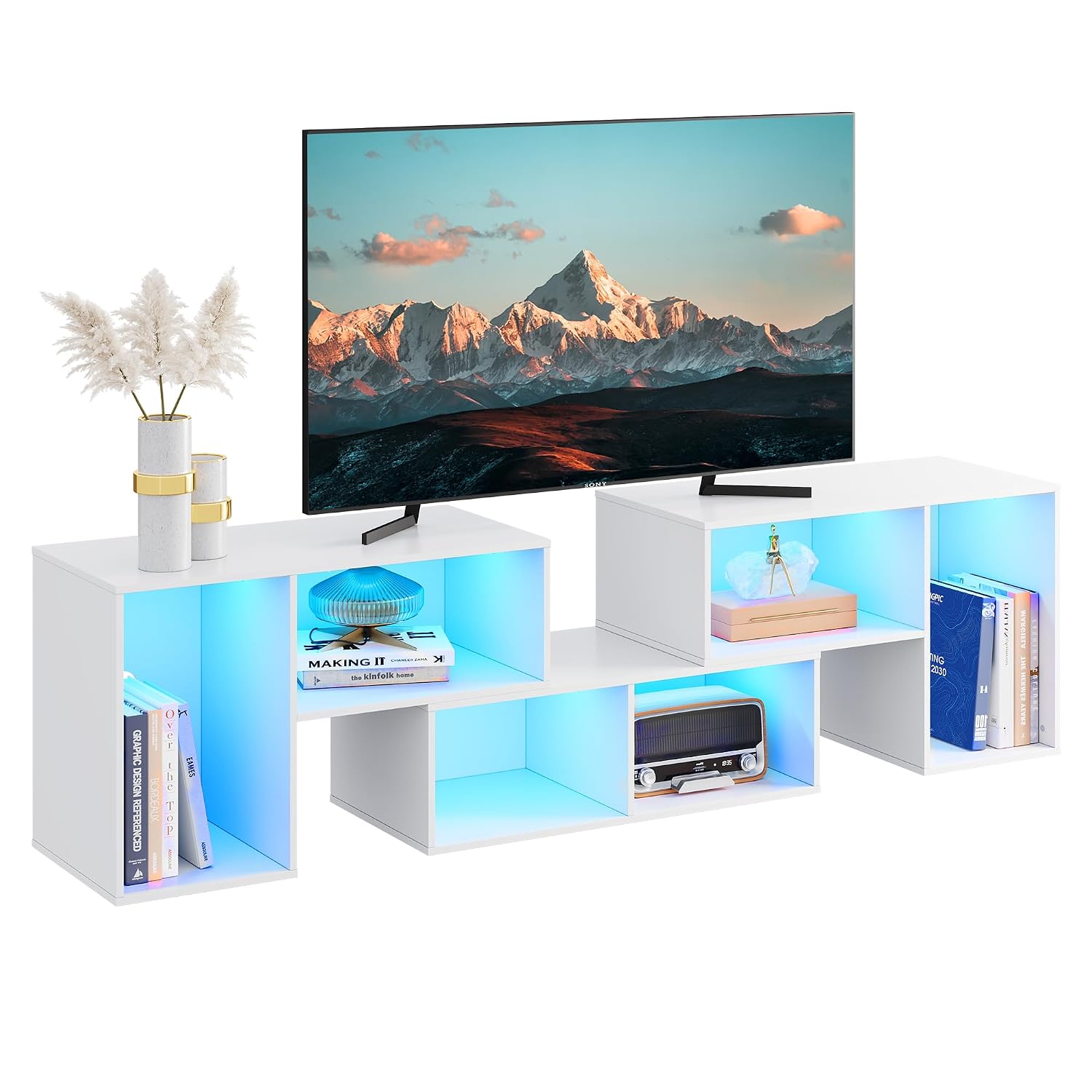 Gaming Console Entertainment Center - ขาตั้งทีวีปรับรูปทรงได้พร้อมไฟ LED ตู้วางของสำหรับเล่นเกมส์และสื่อความบันเทิงทันสมัย สำหรับห้องนั่งเล่นและห้องนอน สีขาว ปรับแต่งได้