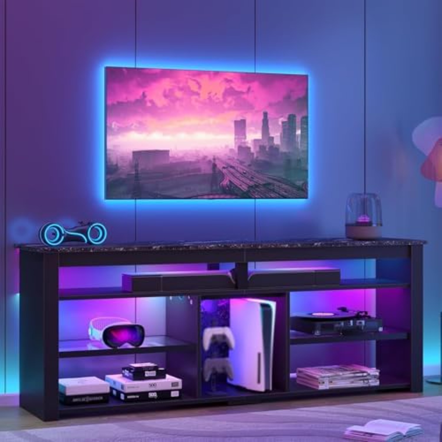 Gaming Console Entertainment Center - ขาตั้งทีวีสำหรับทีวีขนาด 70 นิ้ว, ศูนย์รวมความบันเทิงแบบสูงพร้อมไฟ LED 2