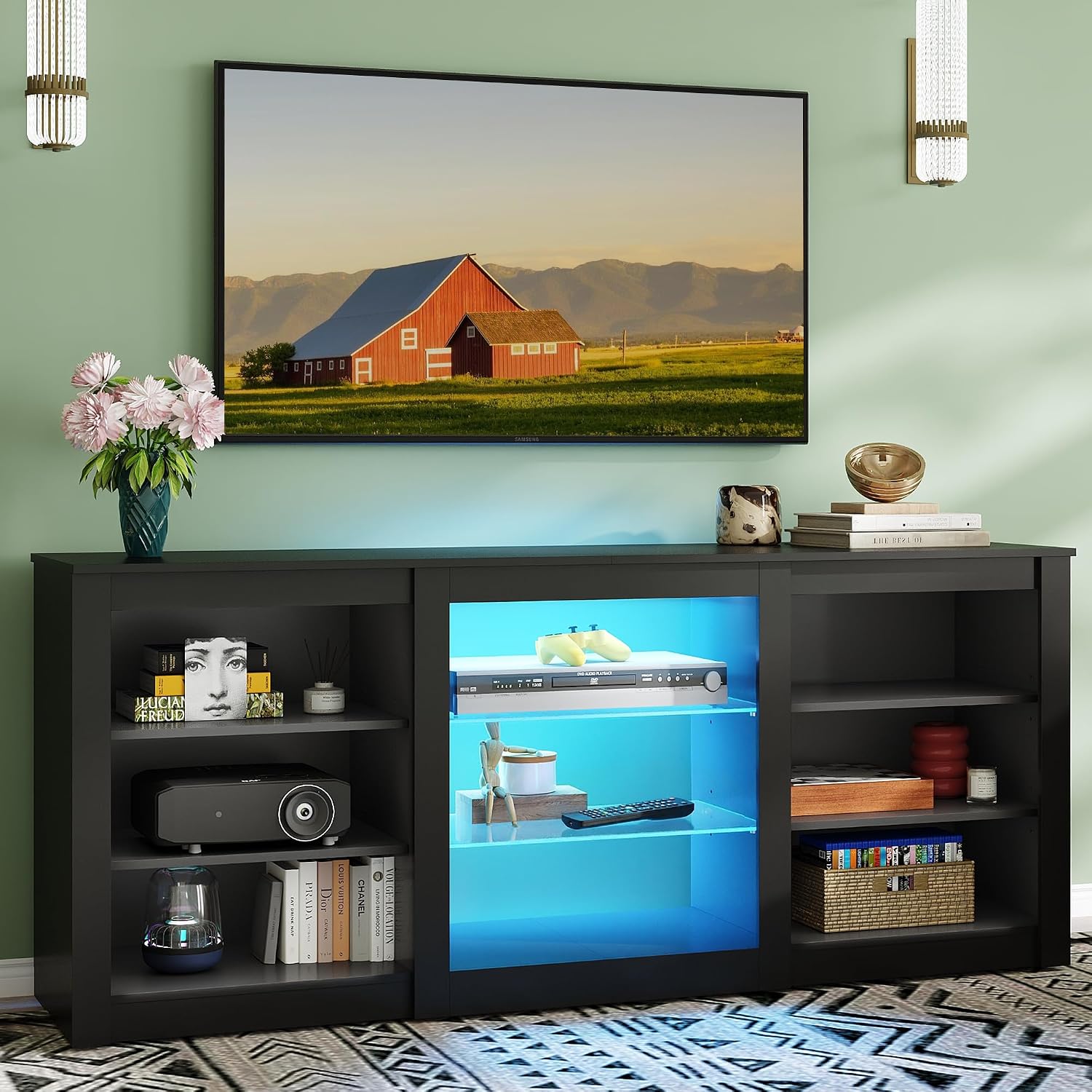 Gaming Console Entertainment Center - ชั้นวางทีวีทันสมัย ศูนย์รวมความบันเทิง ชั้นวางปรับระดับได้ ไฟ LED RGB