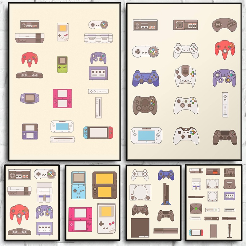 Gaming Console With Games - โปสเตอร์วิดีโอเกมแบบพกพาและคอนโซล ภาพพิมพ์บนผ้าใบลายเกมแพด ตกแต่งผนังห้องเล่นเกม ห้องแมนเคฟ ของตกแต่งบ้าน