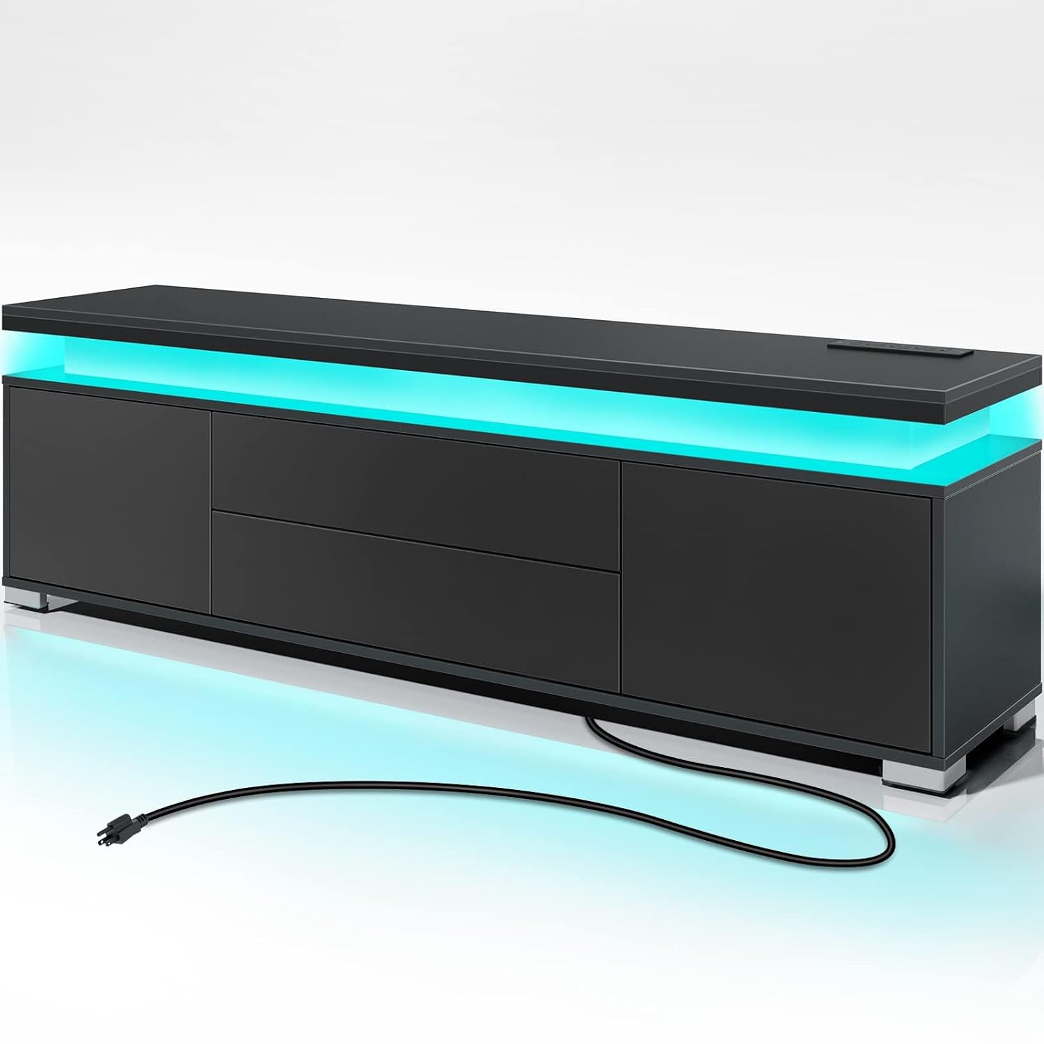 Gaming Console Entertainment Center - ชั้นวางทีวีพร้อมปลั๊กไฟและไฟ LED, ศูนย์รวมความบันเทิงสำหรับทีวีขนาด 32-65 นิ้ว, คอนโซลเกมพร้อมตู้เก็บของ,