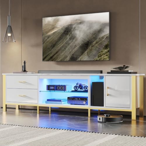 Gaming Console Entertainment Center - ขาตั้งทีวีสำหรับทีวีขนาด 75/80/85 นิ้ว, ศูนย์รวมความบันเทิงสำหรับเล่นเกม LED, ตู้วางอุปกรณ์สื่อพร้อมชั้นวางกระจกสำหรับห้องนั่งเล่น,