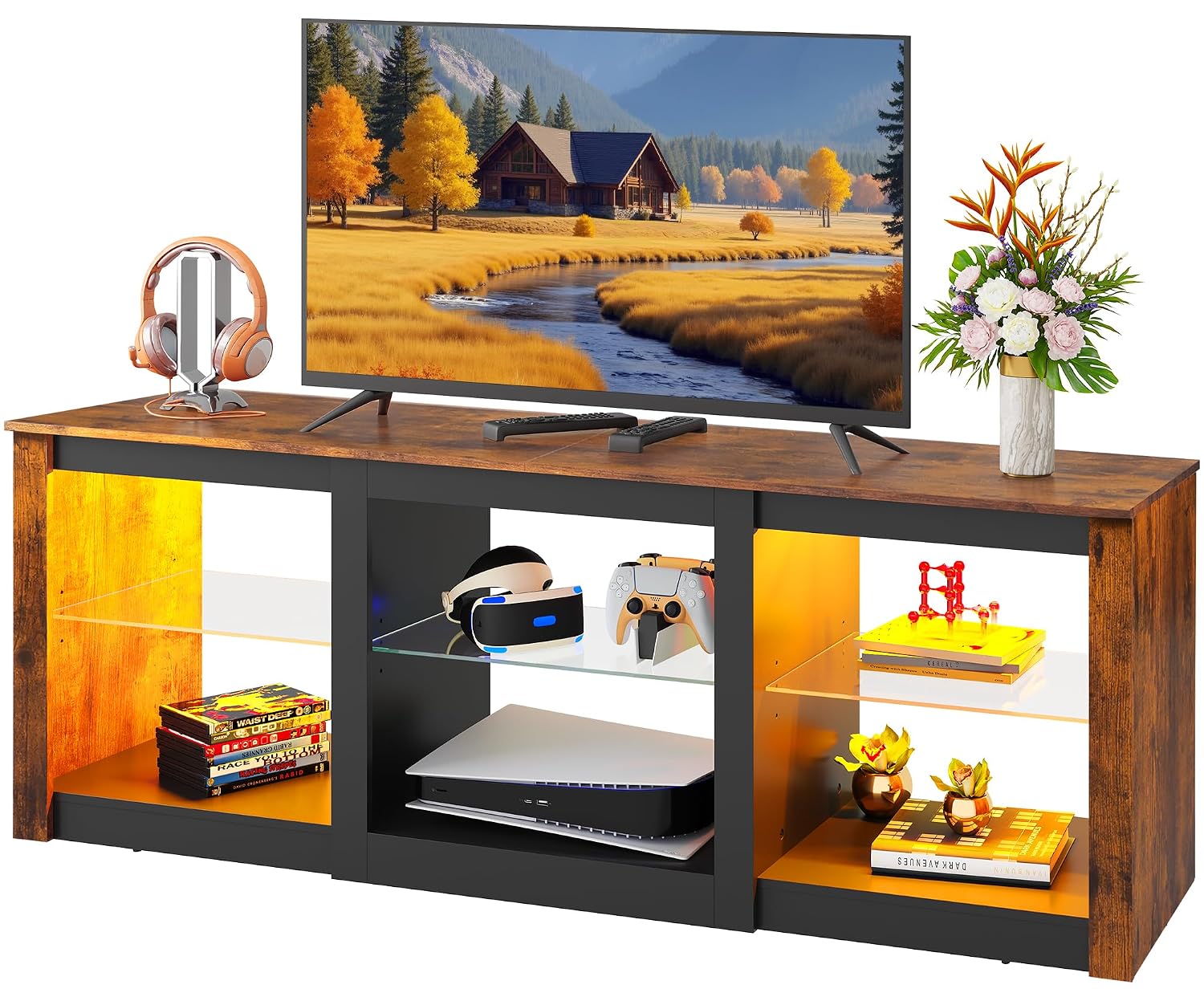 Gaming Console Entertainment Center - ชั้นวางทีวี LED พร้อมชั้นวางกระจกและไฟ RGB, คอนโซลไม้สำหรับห้องนั่งเล่น ห้องนอน